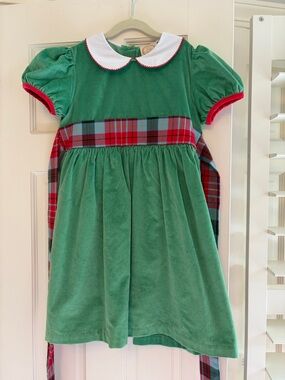 Green Velvet Holiday Dress with Plaid Tartan Tie